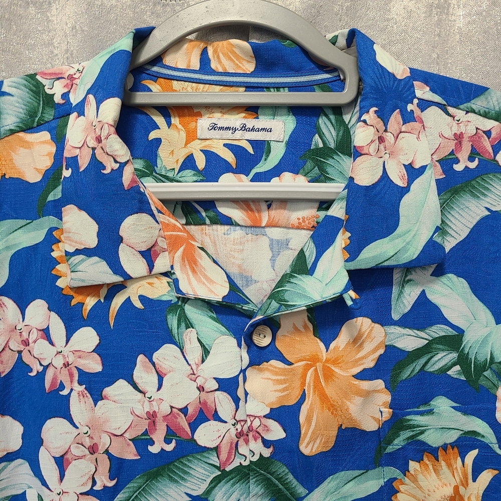 Tommy Bahama Silk Coolmax Tropical Blue Shirt Orange Pink Accents XXL